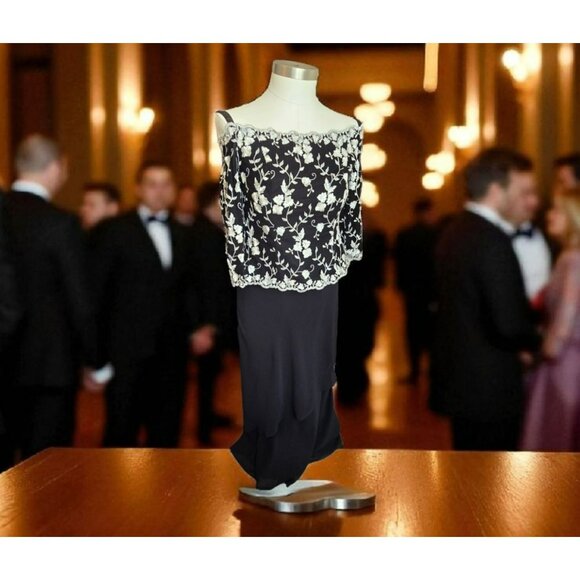 Davids Bridal Dress Black and White Floral Formal Long Mother Prom Size 6 JJ1677 - Picture 7 of 16